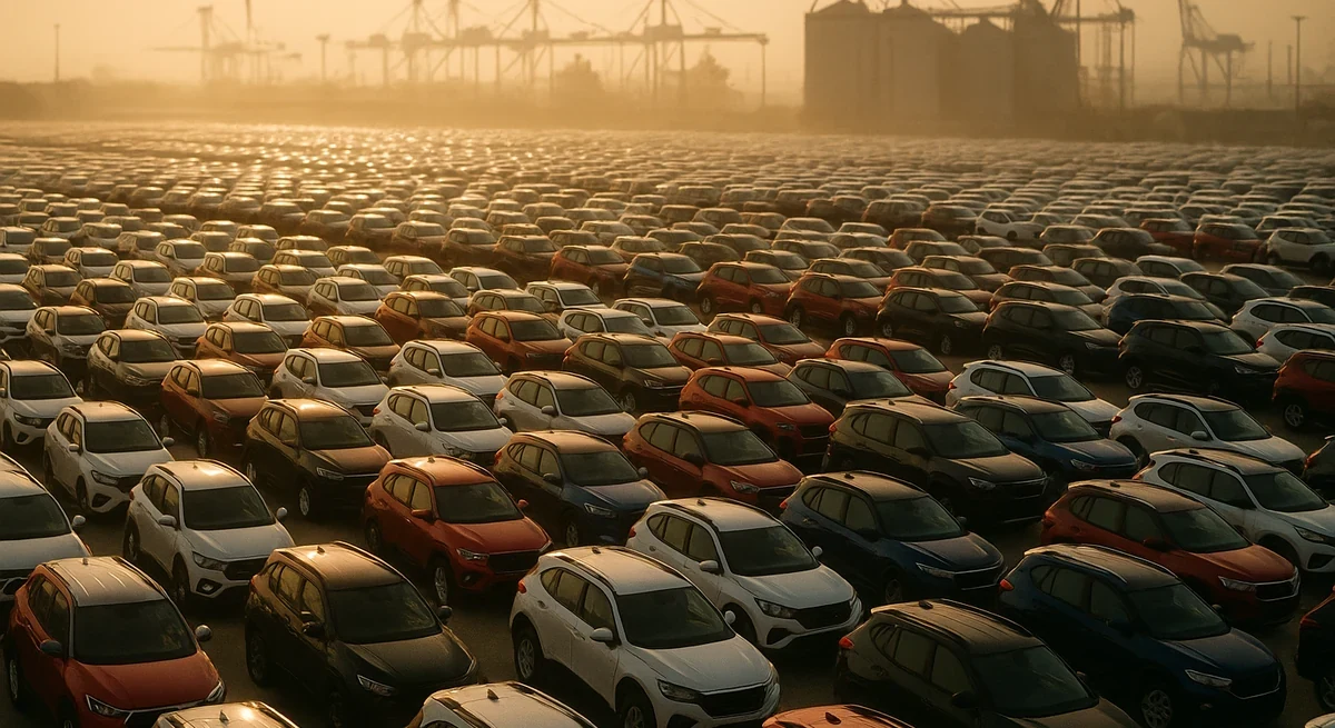 Vista aérea ao entardecer de um pátio portuário com centenas de carros novos enfileirados, silos e guindastes desfocados ao fundo, sob luz dourada