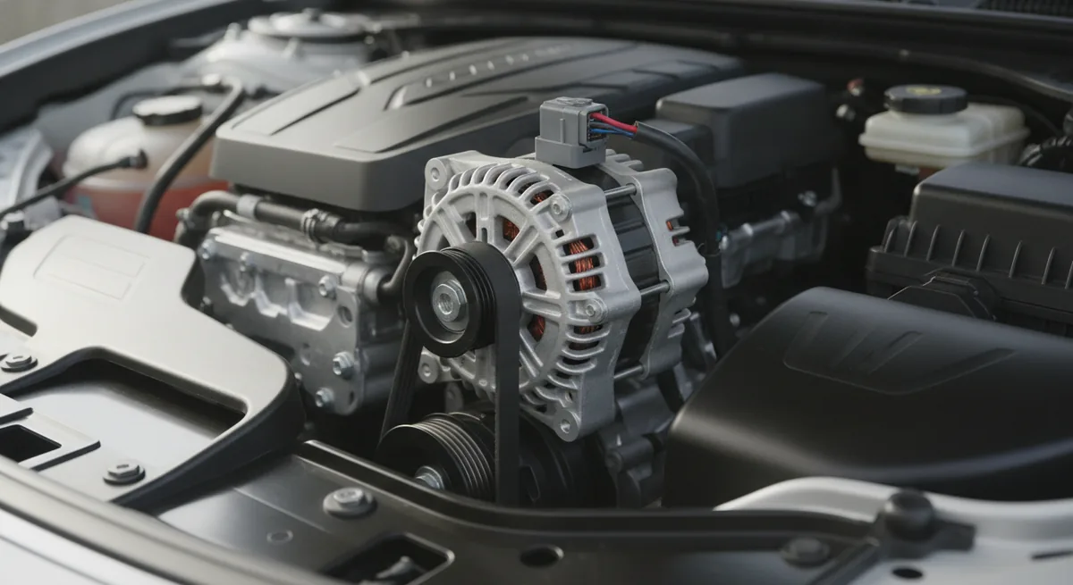 Close-up de um alternador automotivo genérico conectado por correia poli-V ao motor, com o conector elétrico visível, sem marca ou logotipo aparente