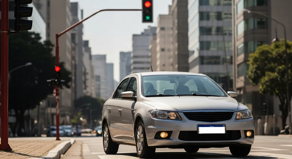 Carro parado num semáforo fechado em avenida de cidade brasileira, motor ligado, sem marca visível