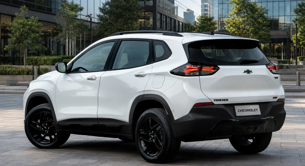 Chevrolet Tracker branco da linha 2027 parado em área urbana, visto em três quartos traseiro, com detalhes escurecidos e rodas pretas