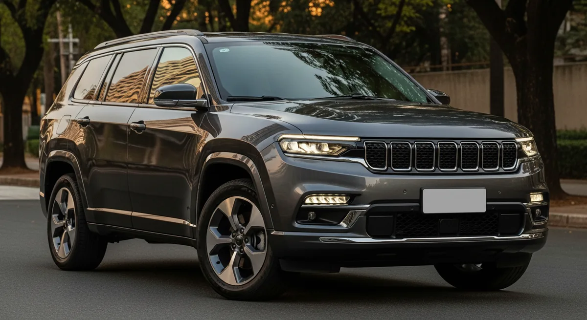 Jeep Commander em vista frontal de três quartos, o SUV de sete lugares que ganhou versões híbridas leves de 48V na linha 2027