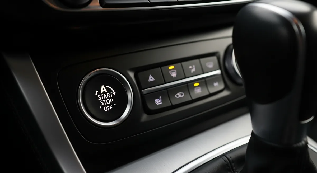 Close-up do console central de um carro genérico mostrando o botão de desligar o Start&Stop, com o símbolo da letra A circulada por uma seta