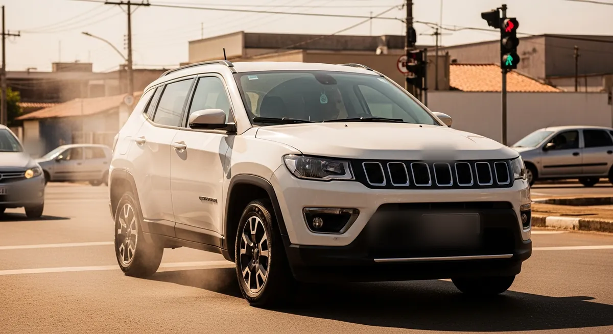Jeep Compass parado em cruzamento num dia quente, calor visível no capô com o motor desligado pelo Start&Stop