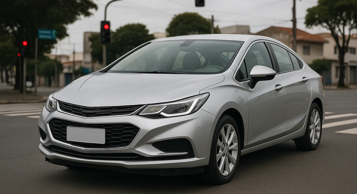 Chevrolet Cruze sedã de segunda geração, linha 2017/2018, prata, parado em um semáforo urbano brasileiro, visto de três quartos dianteiros, com a placa em branco, aguardando a parada automática do Start&Stop