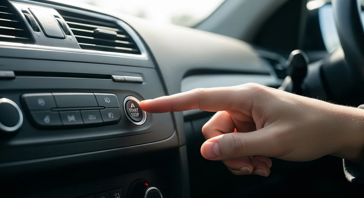 Mão pressionando o botão de desligar o Start-Stop no console central de um carro, painel genérico sem marca visível