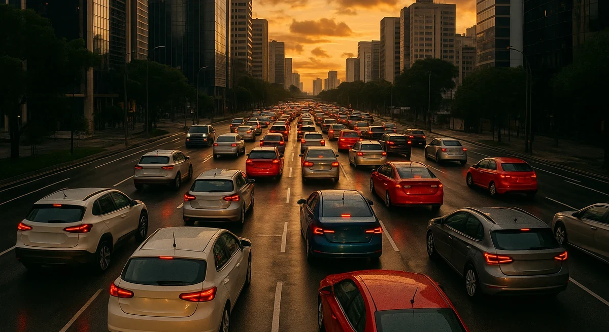 Avenida de grande cidade brasileira ao entardecer, vista elevada, com fluxo denso de carros modernos parados no semáforo e luzes de freio acesas