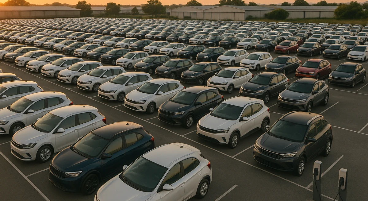 Vista aérea ao amanhecer de um grande pátio com carros zero-quilômetro em fileiras e dois carregadores elétricos em primeiro plano