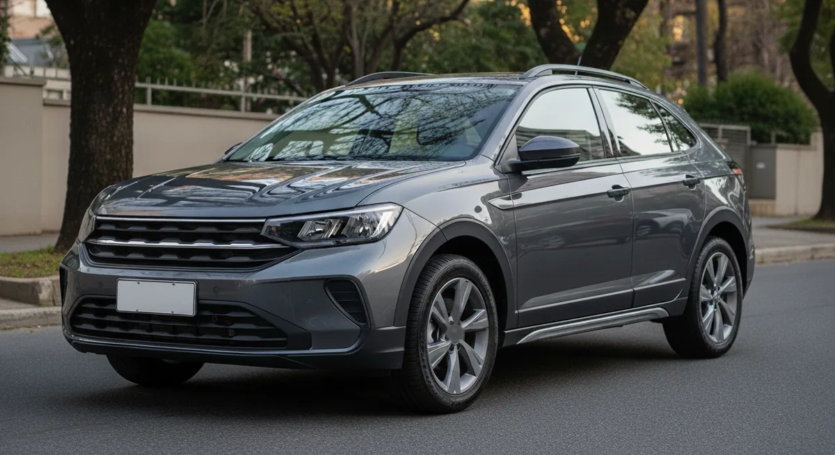 Volkswagen Nivus cinza estacionado em rua urbana, visto de frente em ângulo 3/4