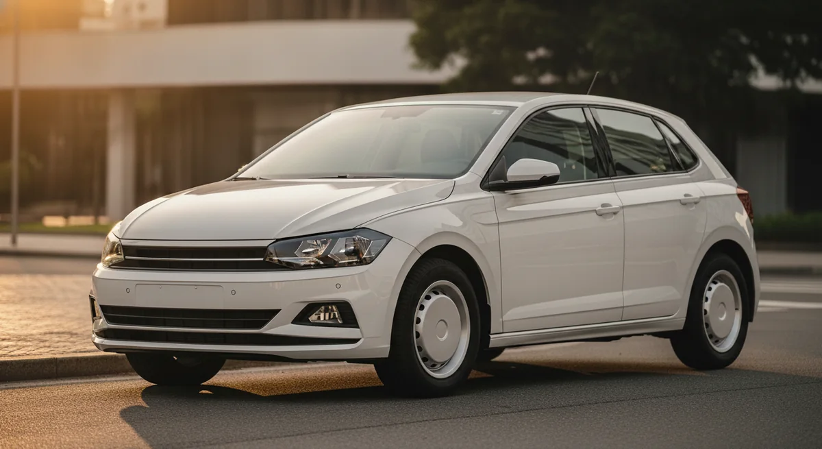 Volkswagen Polo estacionado em rua urbana ao entardecer, visto de frente em ângulo 3/4