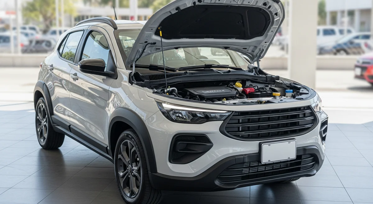 Fiat Pulse com o capô aberto mostrando o motor e a área das baterias, em concessionária