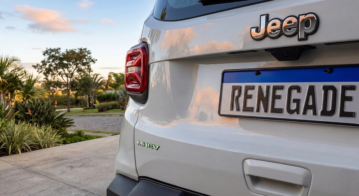 Traseira do Jeep Renegade 2027 com o emblema MHEV em verde, identificando a versão híbrida leve de 48V