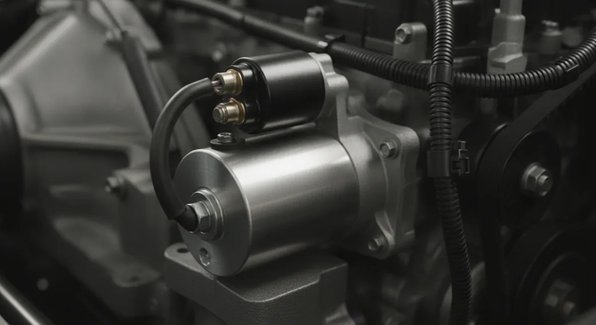 Close-up de um motor de arranque instalado no compartimento do motor de um carro, mostrando o solenoide e os cabos elétricos conectados, sem nenhuma marca visível