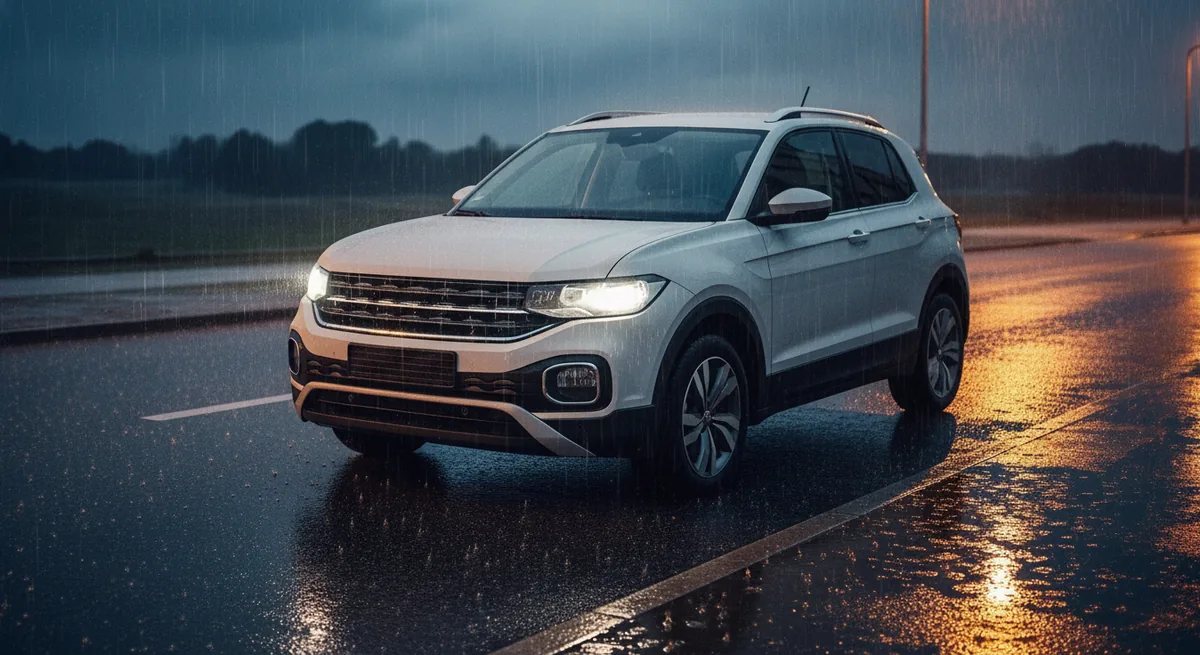 Volkswagen T-Cross parado em rua com poças d'água e chuva forte, sem atravessar o alagamento