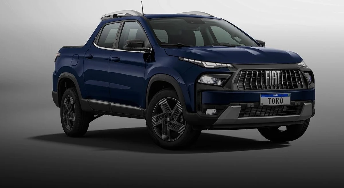 Fiat Toro em vista frontal de três quartos, a picape que recebe o sistema híbrido leve MHEV de 48V na linha 2027