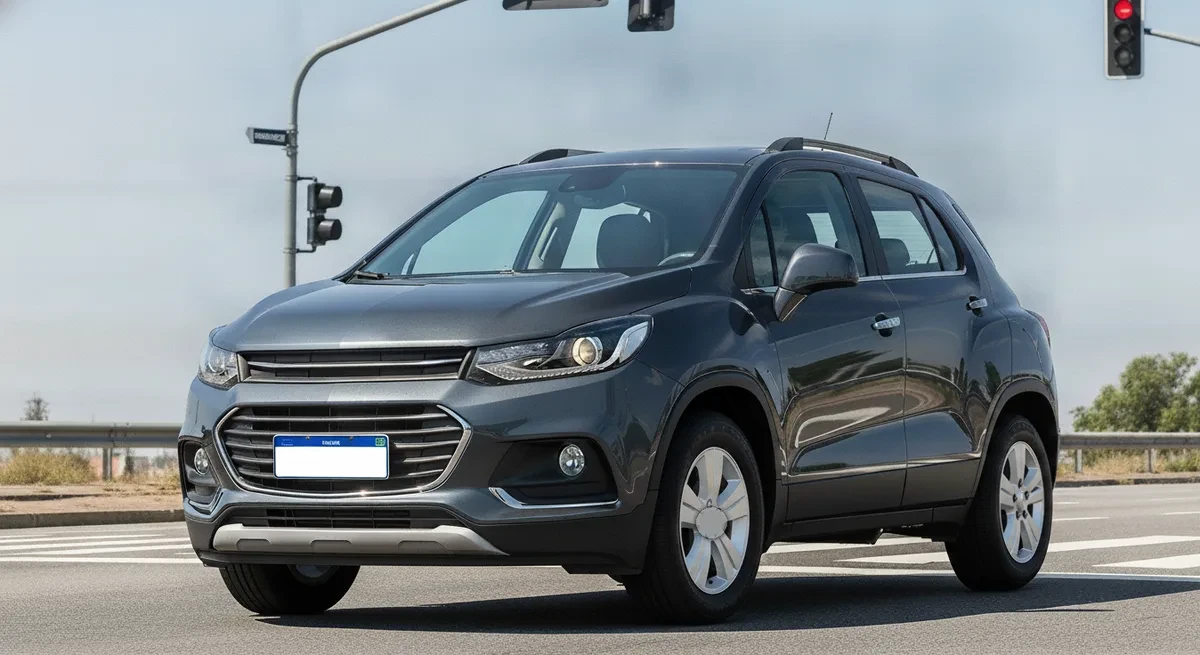 Chevrolet Tracker Turbo cinza-grafite, geração 2017-2019, parada em um cruzamento vazio aguardando o sinal, vista frontal